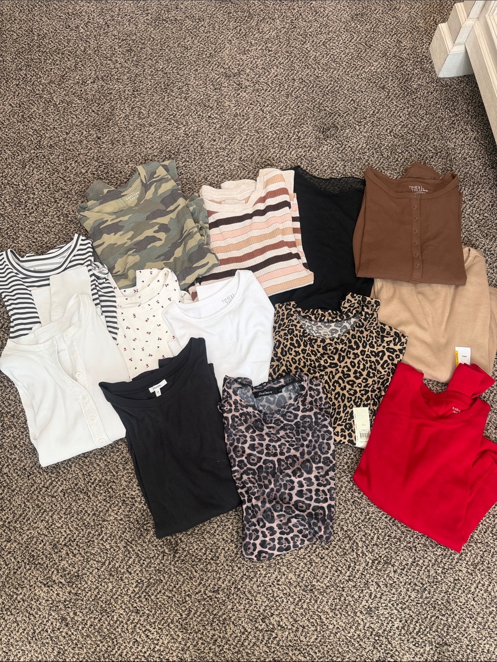 Long Sleeve Henley & Tees Bundle - Brown, Black, Red, White, Leopard